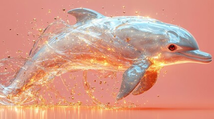 Elegant depiction of shimmering dolphin in ethereal waves on rose background a captivating underwater scene