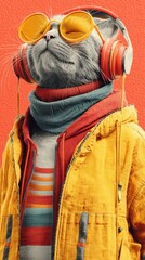 Cool cat wearing sunglasses and headphones while dressed in colorful winter clothes against a vibrant backdrop