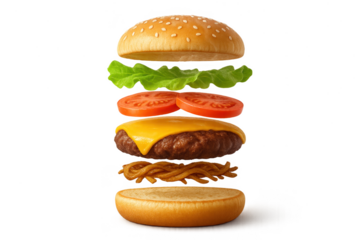 Deconstructed burger with flying ingredients, transparent background image