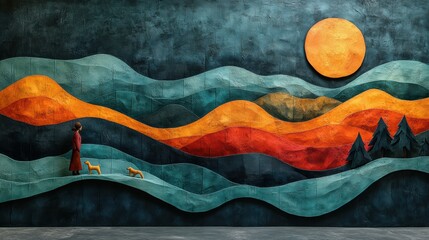 Serene walk with companions in handcrafted landscape with colorful hills and trees under orange sun