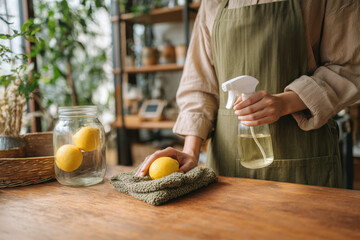 Young woman in apron cleaning kitchen with reusable cloth and natural spray