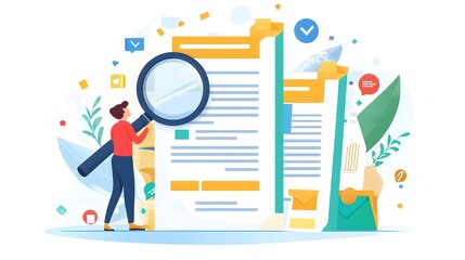 Naklejka premium Businessperson Analyzing and Selecting the Right Document with Magnifying Glass