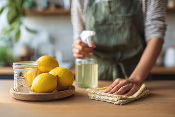 Young woman in apron cleaning kitchen with reusable cloth and natural spray