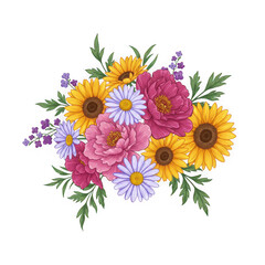 Floral bouquet with sunflowers peonies and daisies isolated on transparent