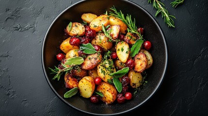 An appetizing bowl of roasted potatoes with fresh rosemary, sage, and cranberries, delivering a delightful mix of flavors and textures that brings warmth to any meal setting.
