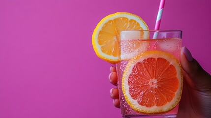 Refreshing citrus drink with grapefruit and orange slices on bright pink background creates a cheerful mood
