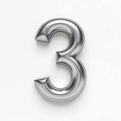A 3D metallic number "3" in shiny silver, isolated on a white background, representing modern design, achievement, and numeric symbolism.