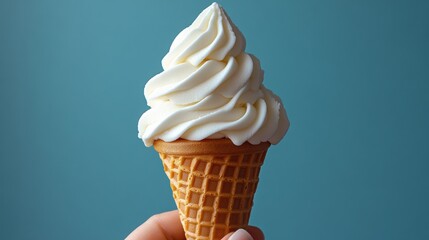 Creamy soft serve delight a cone of vanilla sweetness held delicately against calming blue backdrop