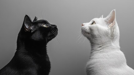 Contrasting Feline Pair Black Cat and White Cat Side Profiles Looking Upward Intense Stare Gray Background
