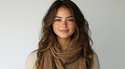 Portrait of a young charming woman with wavy brunette hair in warm scarf against gray background in studio shot