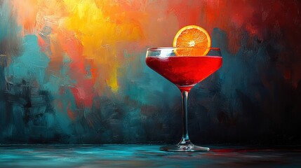 Elegant red cocktail adorned with fresh orange slice against vibrant artistic brushstroke backdrop