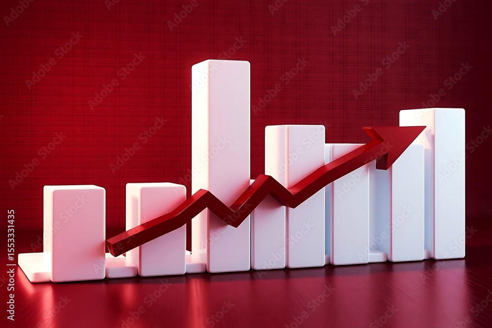 Poster a 3d render of a financial bar chart with a red arrow indicating upward growth and progress against 