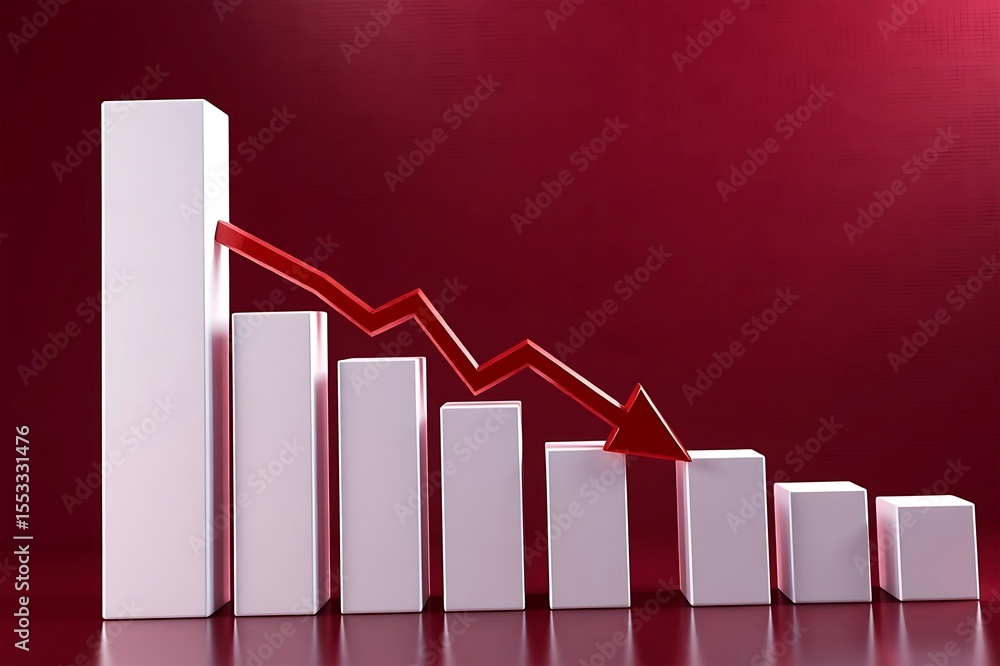Poster a 3d render of a bar graph with white bars and a red downward trending arrow indicating a financial 