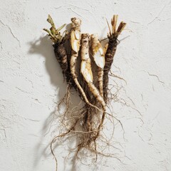 Freshly harvested parsley roots arranged on a textured white background in natural sunlight food art
