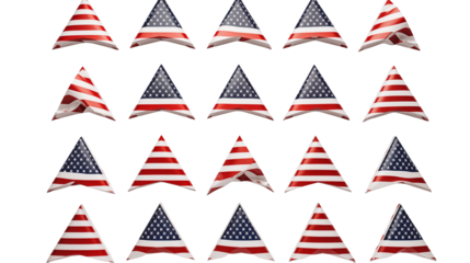 Array of triangular american flags against a black background in a grid pattern arrangement style