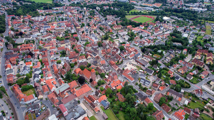A panorama aerial view around the downtown in the city Zirndorf Germany on a sunny spring morning
