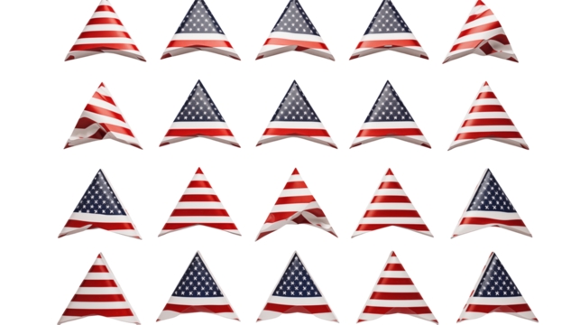 Array of triangular american flags against a black background in a grid pattern arrangement style