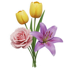 Tulips lily and rose isolated on transparent background