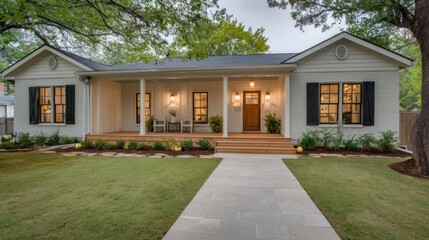 Fototapeta premium Charming, light-filled home with a covered porch