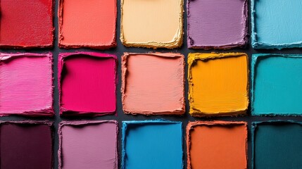 Fototapeta premium An array of vibrant oil paint squares lies artistically arranged, showcasing rich hues and textures that inspire creativity and evoke artistic expression for various projects.