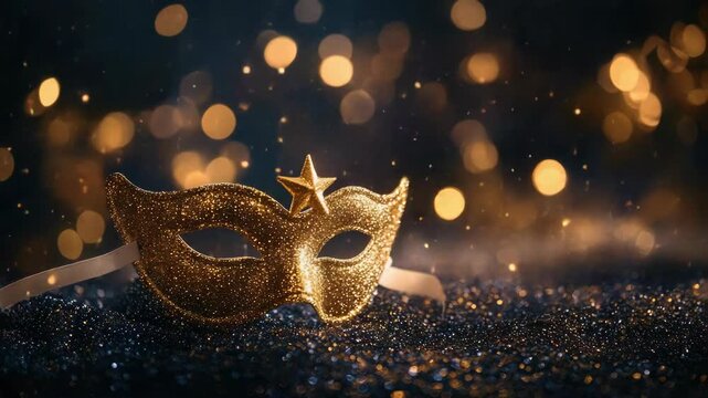 Gold masks on a dark surface with falling confetti in the background, symbolizing masquerades and celebrations at night.