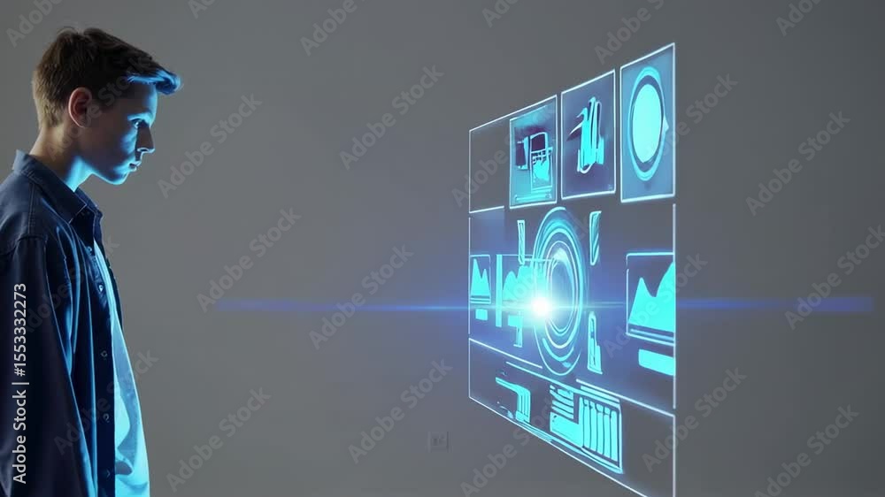 Aufkleber Young student, possibly in middle or high school, interacts with a futuristic holographic interface displaying various data and information, suggesting an advanced learning environment