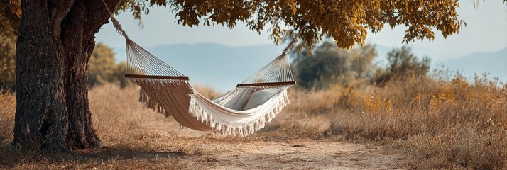 Banner with cozy hammock under tree in golden summer field with mountains in soft background and peaceful light