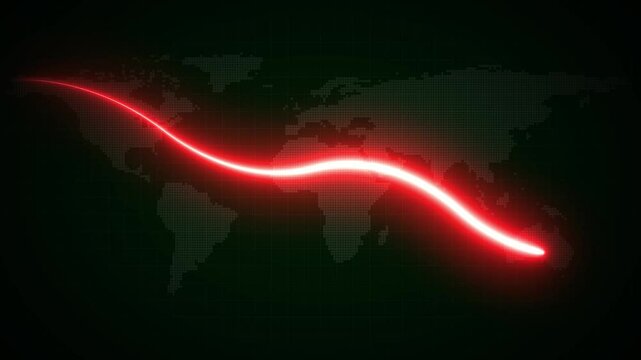 4K Global Business Decline Animation. Neon Glowing red Lines and World Map Background with Downward Arrow Graph Representing Economic Crisis, Market Loss, and Financial Recession Concept