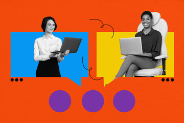 Image creative pop art collage of two happy girls hold laptop type message communication icon remote correspondence chat