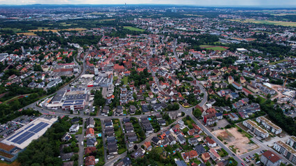 A panorama aerial view around the downtown in the city Zirndorf Germany on a sunny spring morning