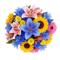 Floral arrangement of lilies sunflowers and gerberas isolated on transparent