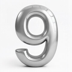 A 3D metallic number "9" in shiny silver, isolated on a white background, representing modern design, achievement, and numeric symbolism.