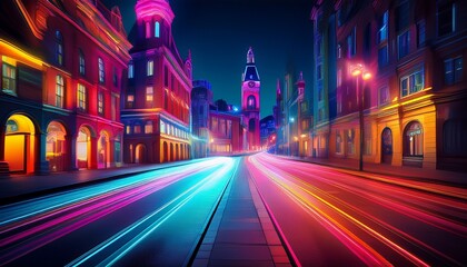 vibrant street scene with historic architecture and colorful light trails at night