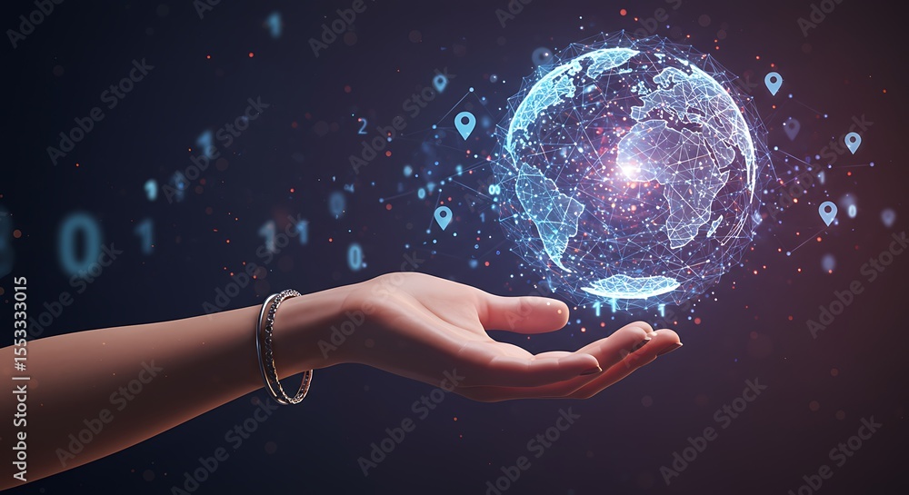 Poster a hand holding a digital globe representing global network and connection concepts