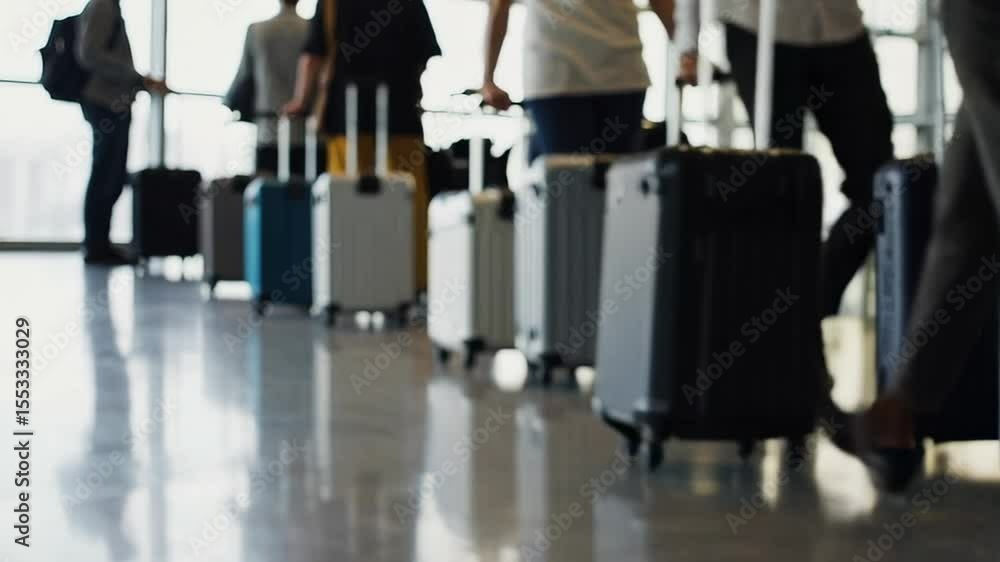 Poster Travelers moving slowly with rolling suitcases, positioning within boarding area queue, representing typical airport transit scene with anticipation of upcoming flight destination