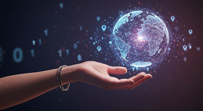 A hand holding a digital globe representing global network and connection concepts