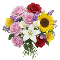 Bouquet of roses lilies and sunflowers isolated on transparent background