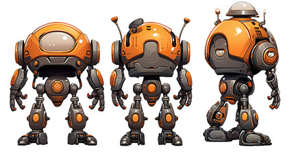 Three cartoon robots standing side by side with orange and gray color scheme on a black background