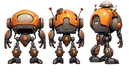 Three cartoon robots standing side by side with orange and gray color scheme on a black background