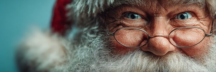 Cheerful elderly man with glasses and white beard dressed as Santa Claus smiles warmly against a blue background during holiday season
