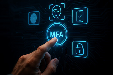 Businessman Pressing Virtual MFA Button &ndash; Multi-Factor Authentication in Cloud Computing with SaaS, PaaS, IaaS, and AWS Integration, 2fa, mfa, authentication

