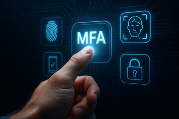 Businessman Pressing Virtual MFA Button – Multi-Factor Authentication in Cloud Computing with SaaS, PaaS, IaaS, and AWS Integration, 2fa, mfa, authentication


