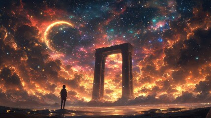 Dreamy portal to celestial realms person stands against cosmic gateway art with glowing planet and colorful nebula
