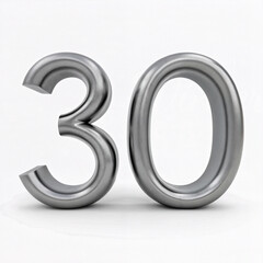 A 3D metallic number "30" in shiny silver, isolated on a white background, representing milestone, achievement, and celebration.