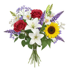 Bouquet of roses lilies and sunflowers isolated on transparent background