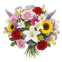 Bouquet of roses lilies and sunflowers isolated on transparent background