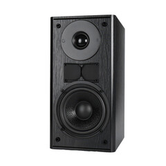 Obraz premium Black Bookshelf Speaker Isolated on Transparent Background Showing Wooden Grain and Acoustic Components