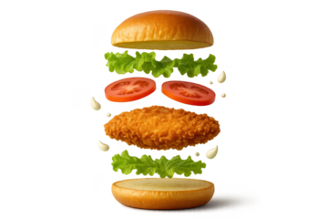 Deconstructed chicken burger with transparent background, isolated components