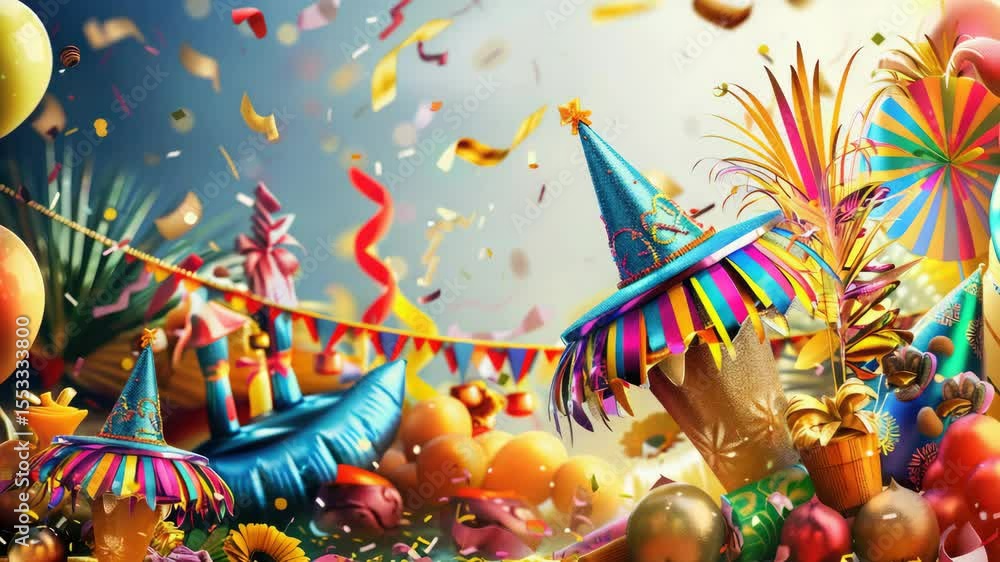 Aufkleber a colorful party scene with many balloons and hats. there are many balloons of different colors and 