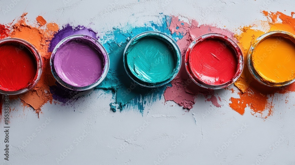 Aufkleber this image features an array of vibrant paint cans arranged artistically against an abstract backgro